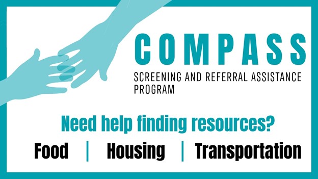 Banner of the Compass program. Text reads "Compass - Screening and Referral Assistance Program. Need help finding resources? (Food / Housing / Transportation)